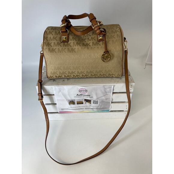 MICHAEL KORS, SMALL TAN, BROWN SMALL SIGNATURE DUFFLE BAG - Picture 1 of 16